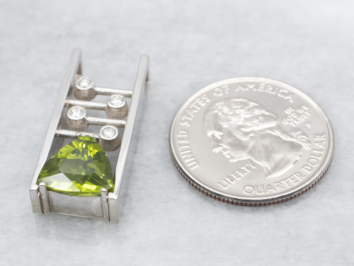 Modernist Trillion Cut Peridot and Diamond Pendant