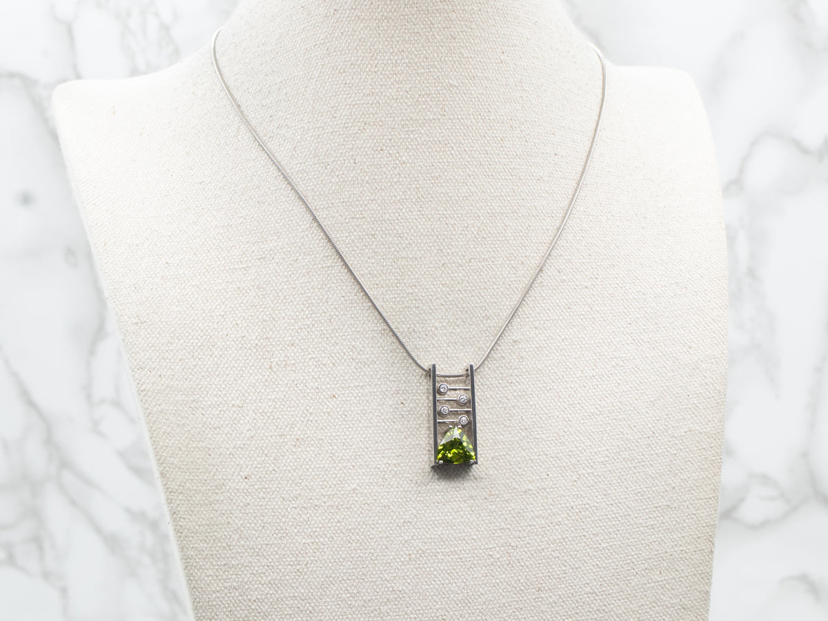 Modernist Trillion Cut Peridot and Diamond Pendant