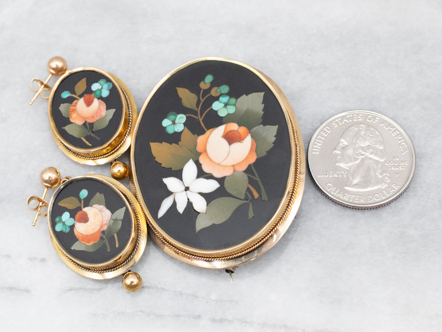 Yellow Gold Floral Earring and Brooch Set