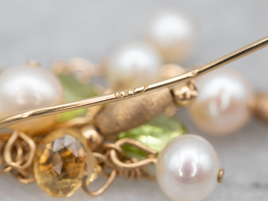 Yellow Gold Pearl, Peridot, and Citrine Drop Earrings