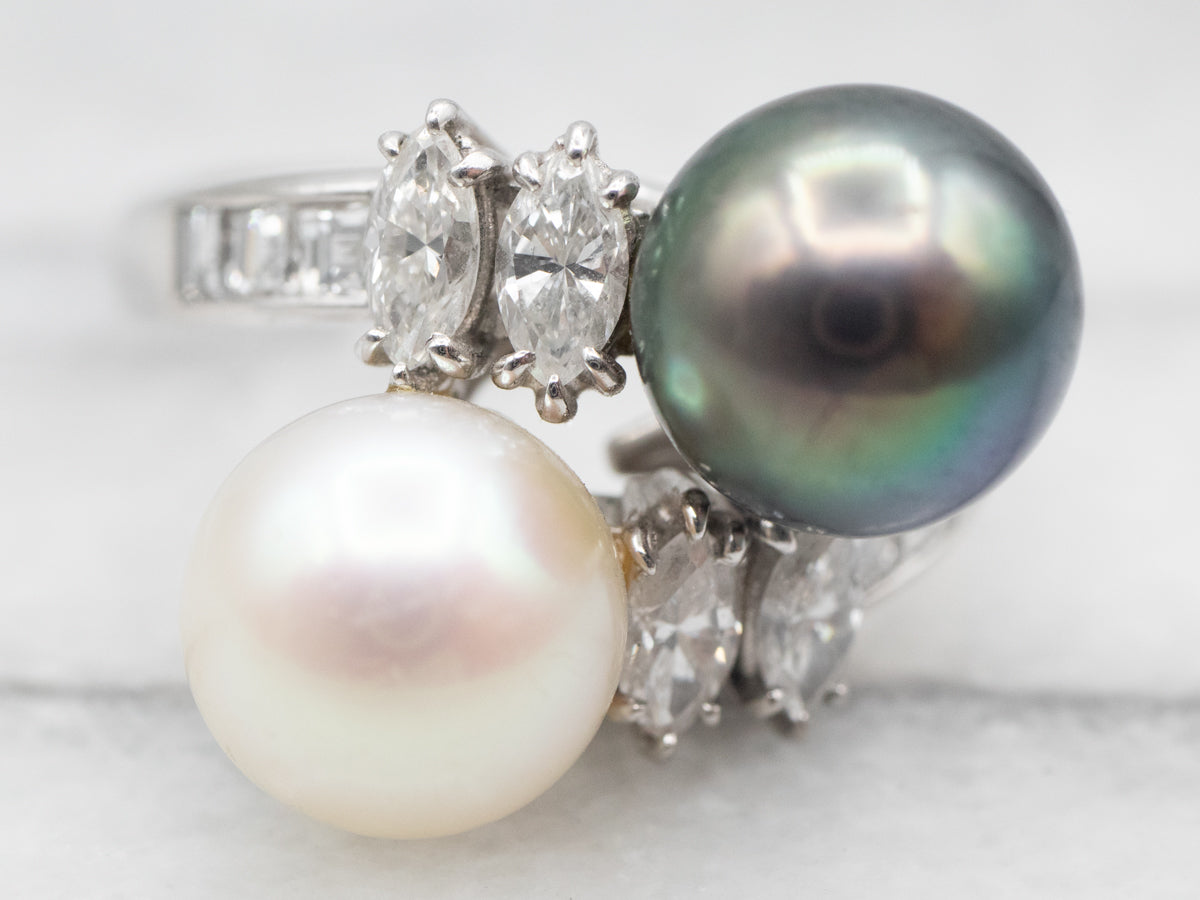 Platinum Black Pearl White Pearl Diamond Bypass Ring