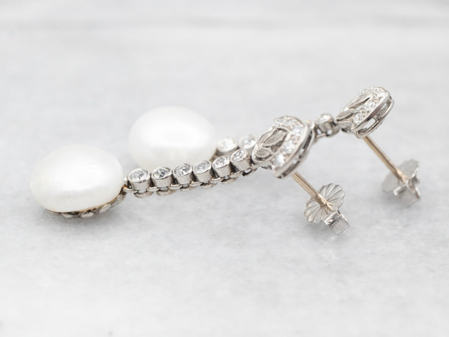White Gold Pearl and Diamond Drop Earrings