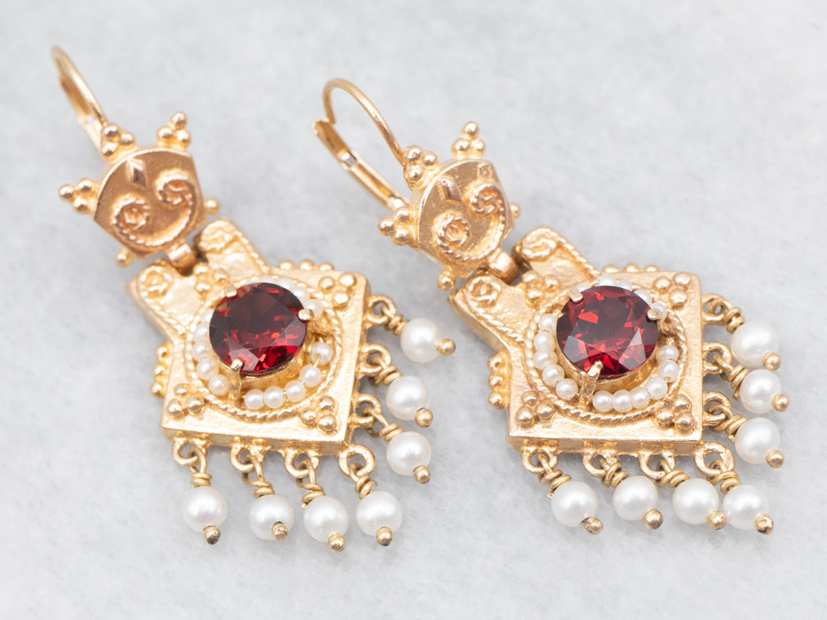 Yellow Gold Garnet and Seed Pearl Drop Earrings
