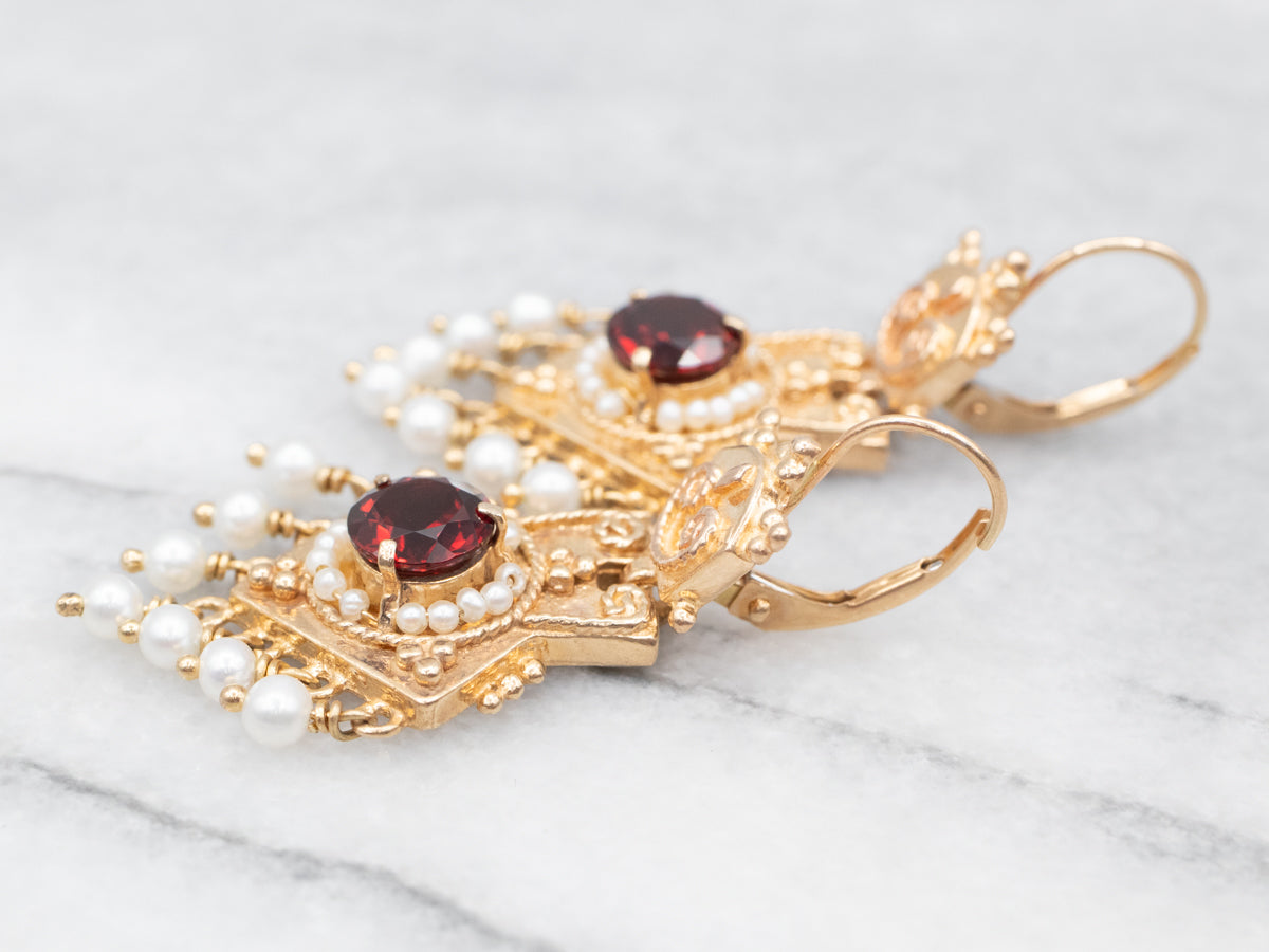 Yellow Gold Garnet and Seed Pearl Drop Earrings
