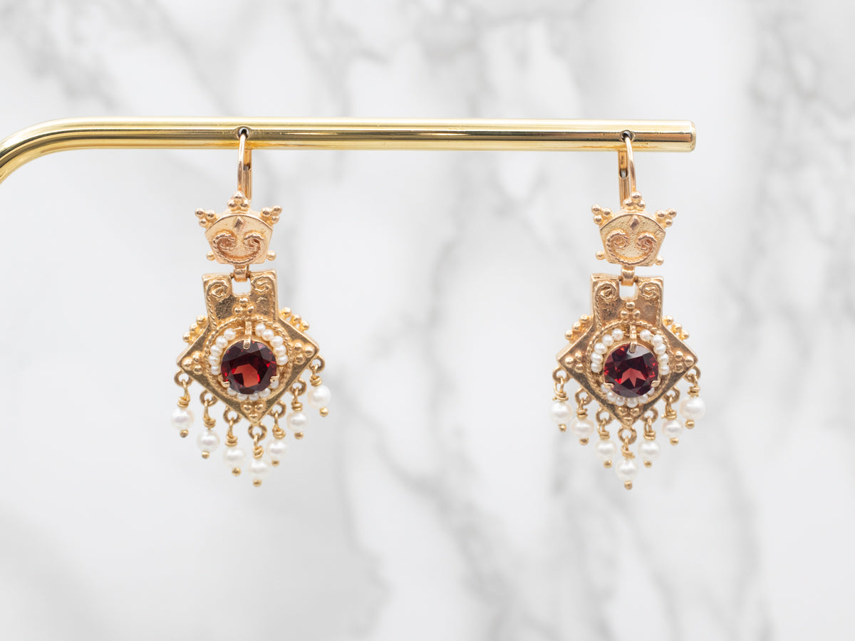Yellow Gold Garnet and Seed Pearl Drop Earrings