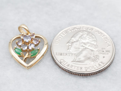Tanzanite and Emerald Floral Heart Pendant