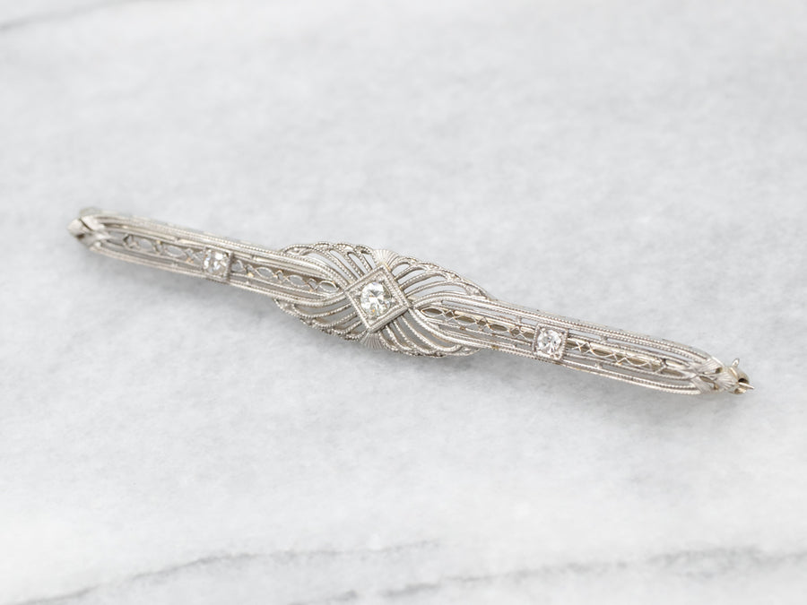 Art Deco European-Cut Diamond Bar Pin or Brooch