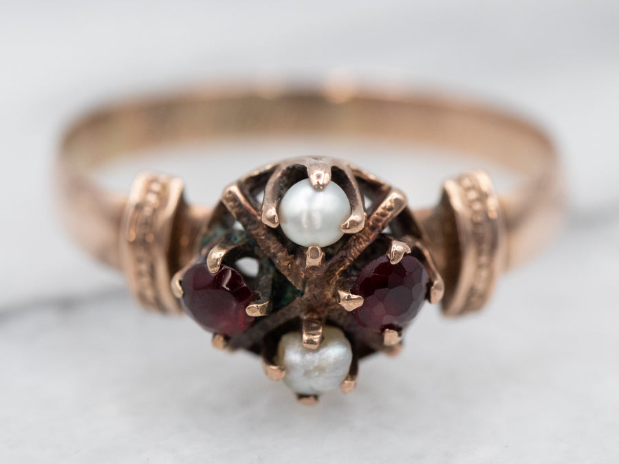 Pretty Rose Gold Pyrope Garnet and Seed Pearl Ring