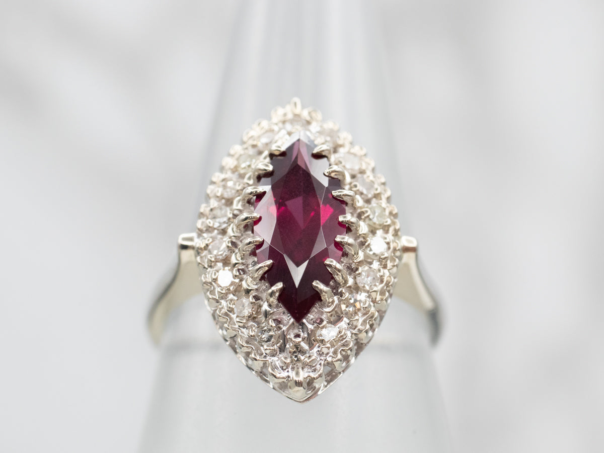 Marquise Rhodolite Garnet and Diamond Halo Statement Ring
