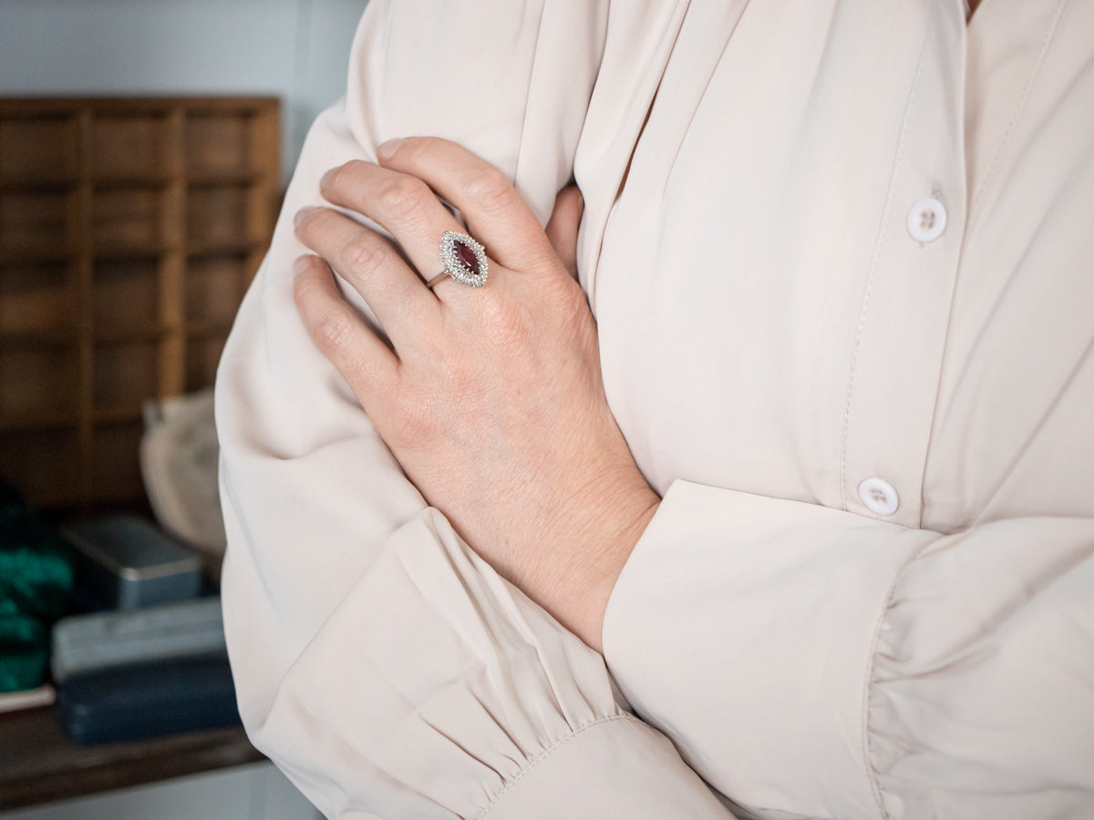 Marquise Rhodolite Garnet and Diamond Halo Statement Ring