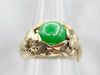14K Green Gold Antique Floral Jade Cabochon and Diamond Accent Ring