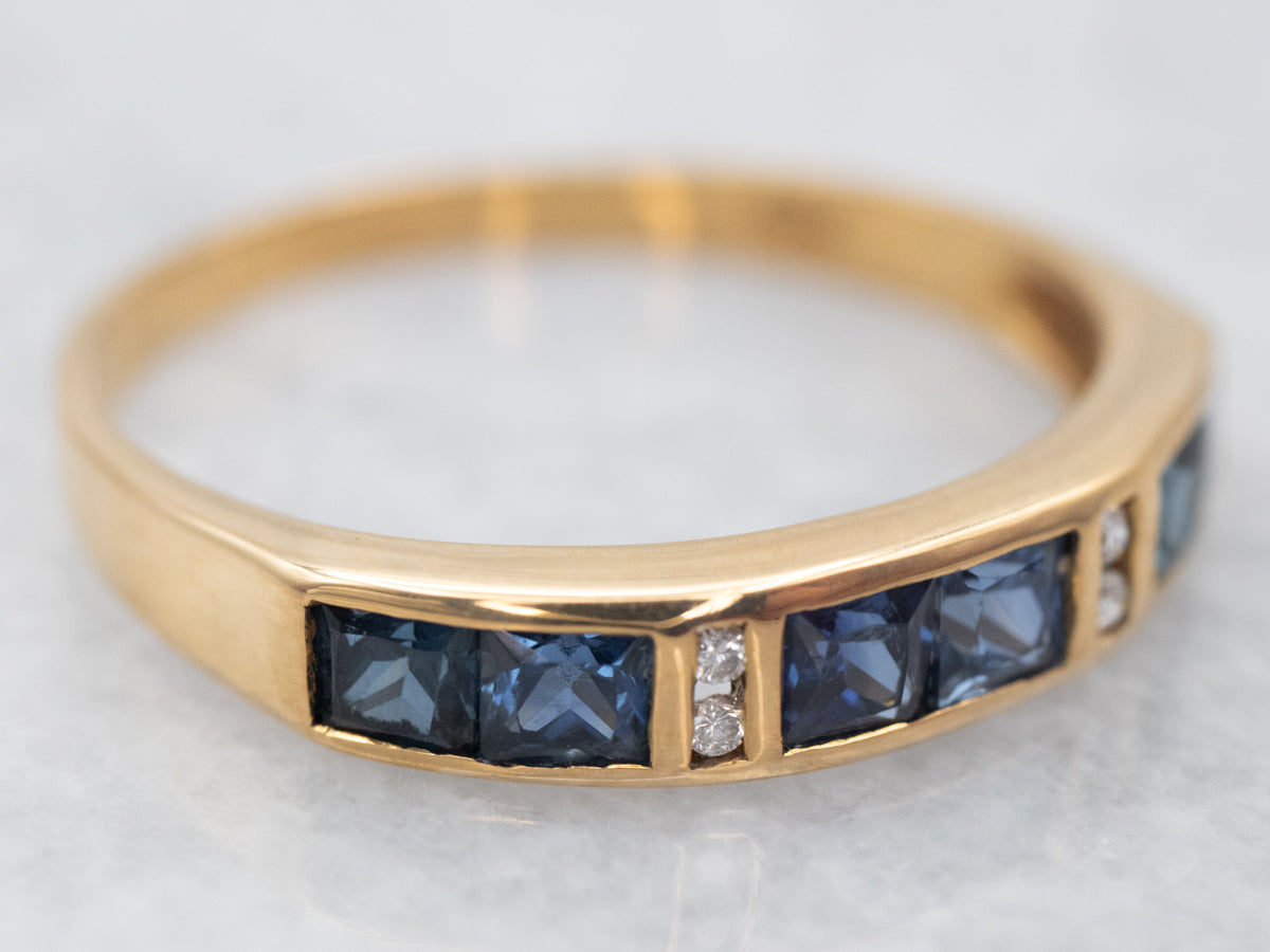 18K Yellow Gold Blue Sapphire and Diamond Accent Band Ring