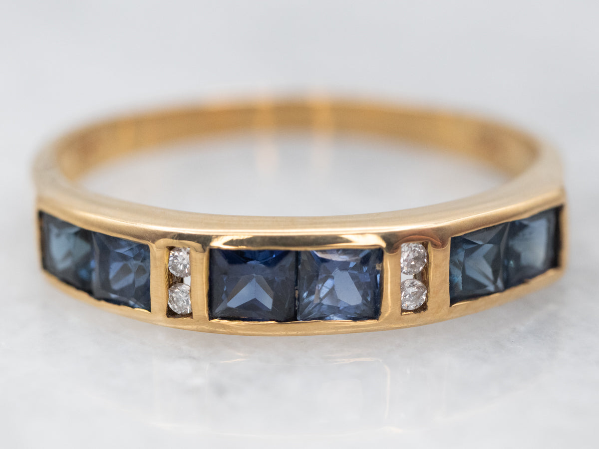 18K Yellow Gold Blue Sapphire and Diamond Accent Band Ring