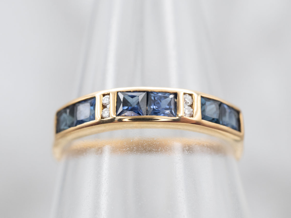 18K Yellow Gold Blue Sapphire and Diamond Accent Band Ring