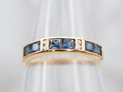 18K Yellow Gold Blue Sapphire and Diamond Accent Band Ring