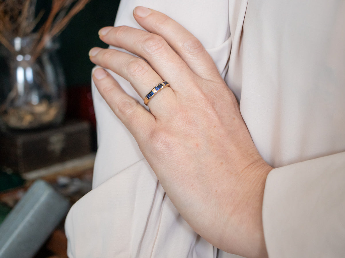 18K Yellow Gold Blue Sapphire and Diamond Accent Band Ring