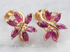 14K Yellow Gold Floral Ruby Marquise and Diamond Stud Earrings