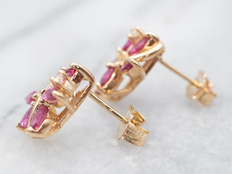 14K Yellow Gold Floral Ruby Marquise and Diamond Stud Earrings