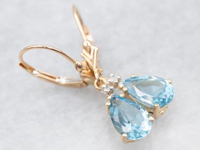 14K Two Toned Blue Topaz Pear and Diamond Accent Drop Earrings