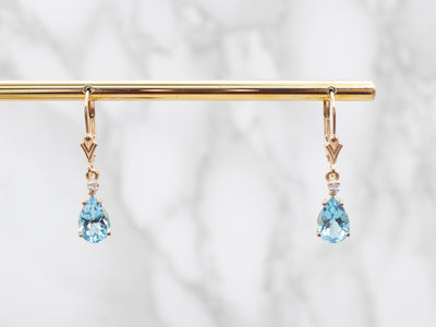 14K Two Toned Blue Topaz Pear and Diamond Accent Drop Earrings