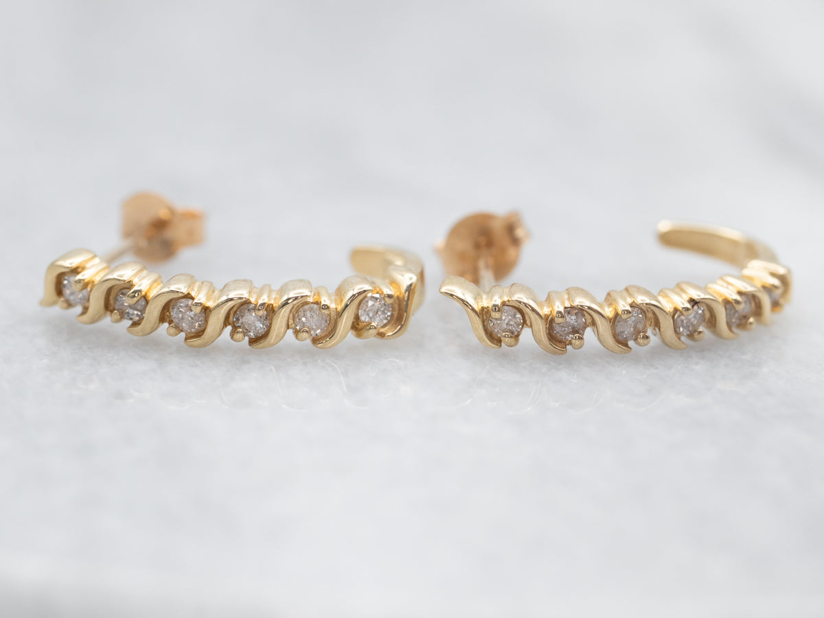Scrolling Gold Diamond Drop Earrings