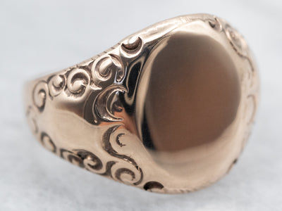 Antique Rose Gold Signet Ring with Scrolling Shoulders