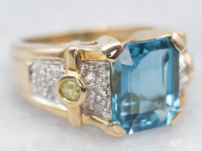 Blue Topaz Peridot and Diamond Cocktail Ring