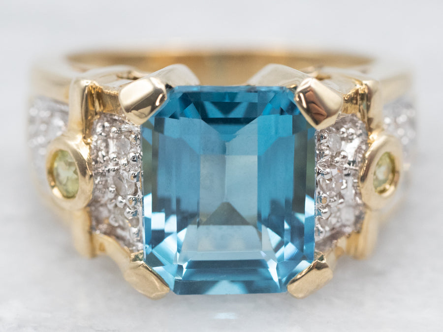 Blue Topaz Peridot and Diamond Cocktail Ring