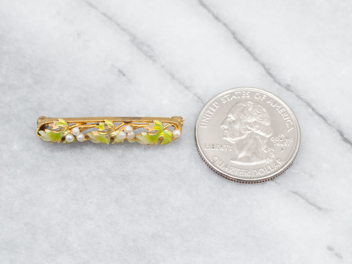 Sweet Gold Enamel and Seed Pearl Botanical Bar Brooch