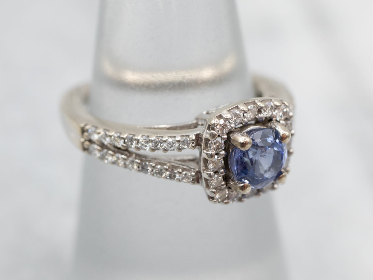 Modern Sapphire and Diamond Halo Ring