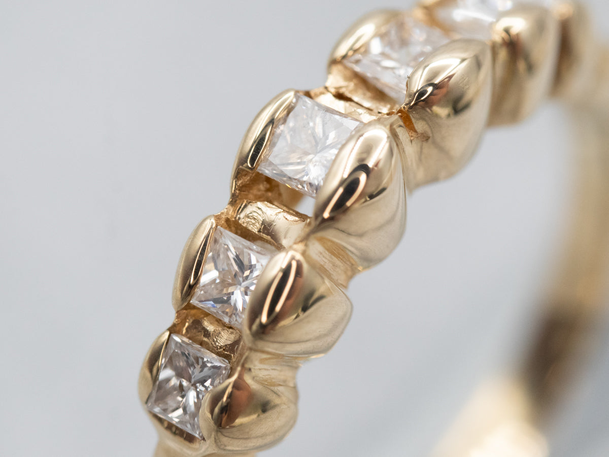 Lovely Princess Cut Diamond Scalloped Wedding Band