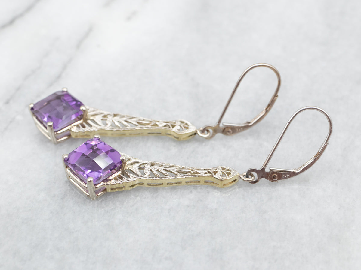 Art Deco Style Amethyst Solitaire Drop Earrings