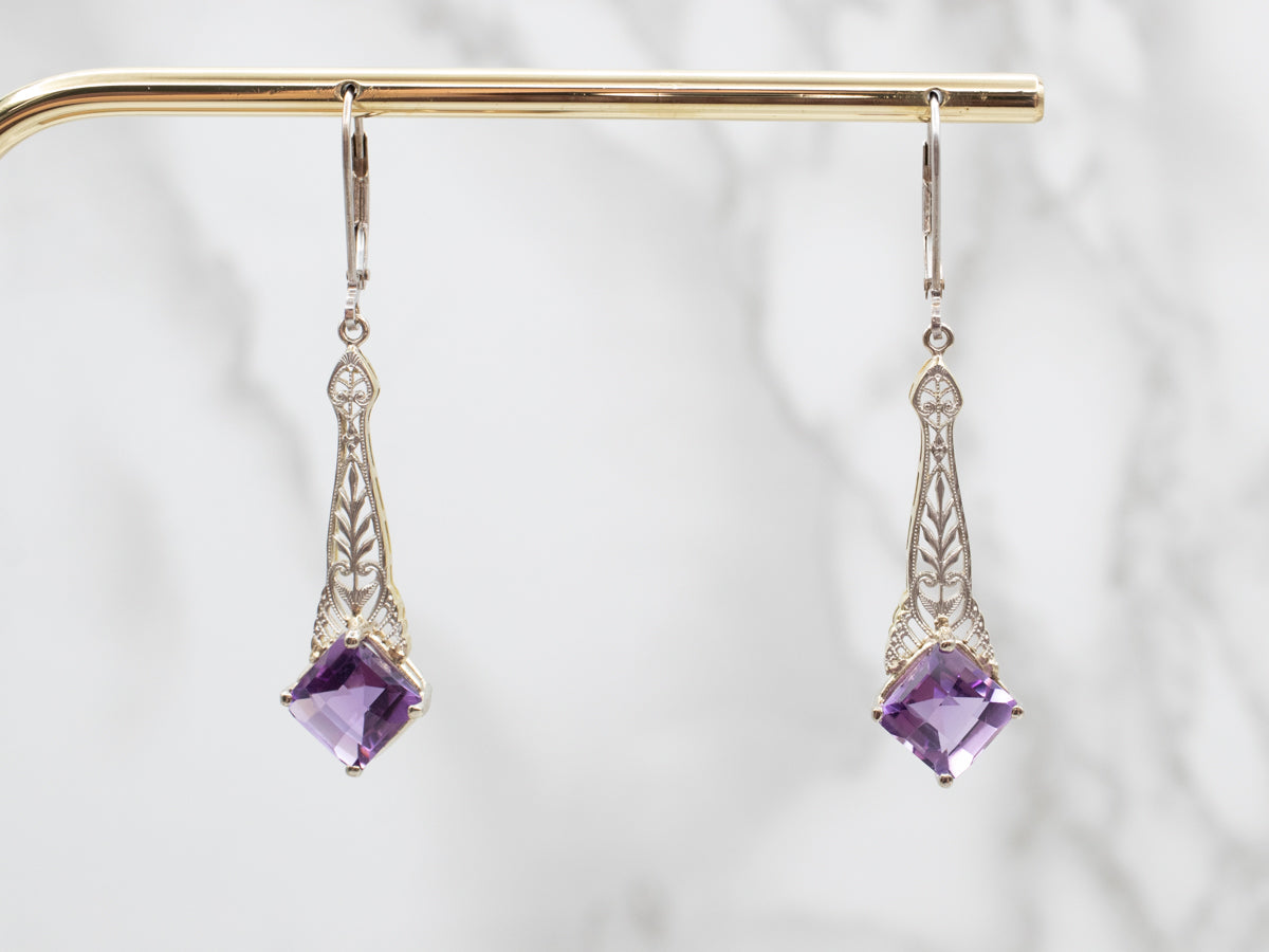Art Deco Style Amethyst Solitaire Drop Earrings