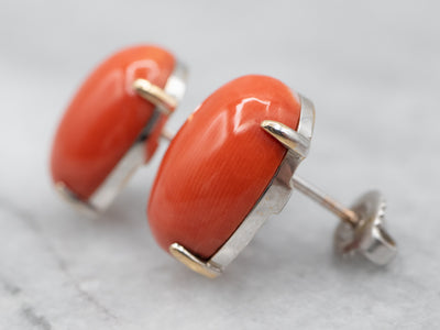 Bright Coral Solitaire Stud Earrings