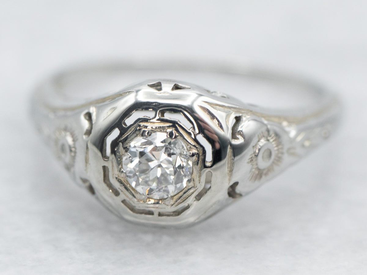 Anillo de compromiso de diamantes de talla europea Art Déco