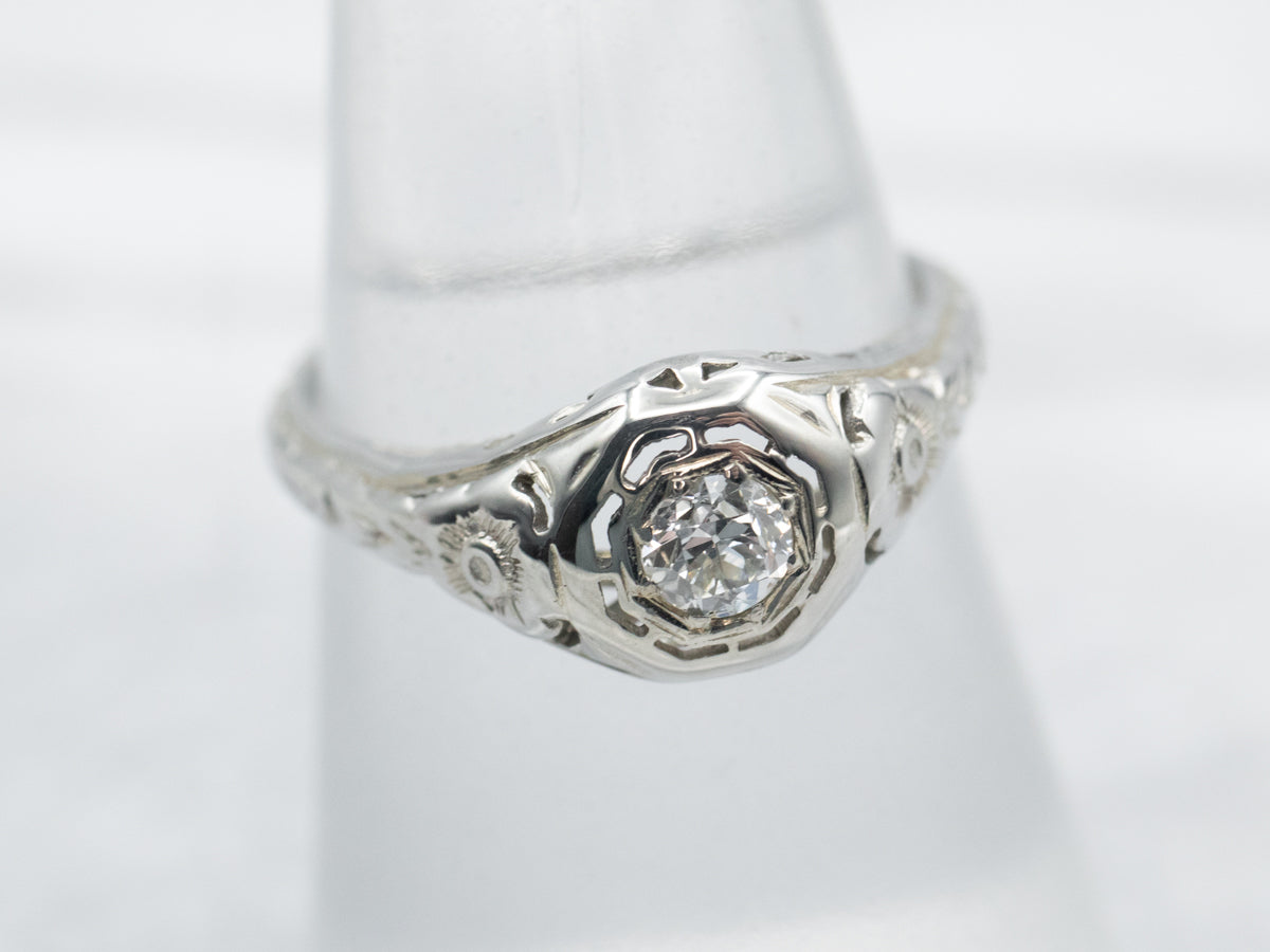 Anillo de compromiso de diamantes de talla europea Art Déco