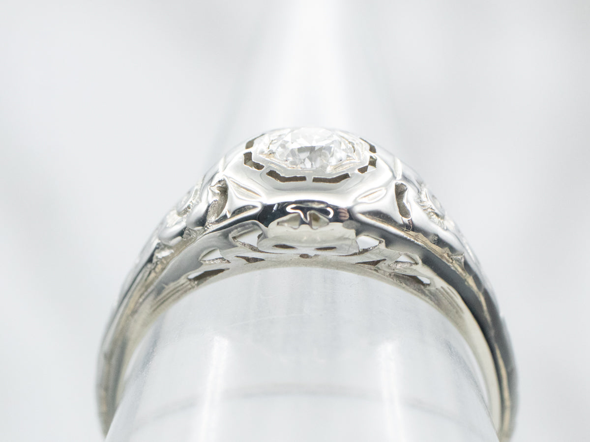 Anillo de compromiso de diamantes de talla europea Art Déco