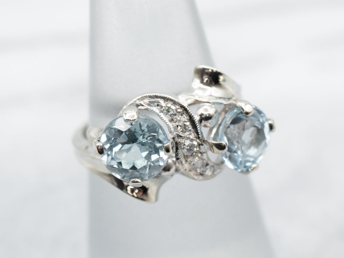 Blue Topaz and Diamond Toi et Moi Bypass Style Ring