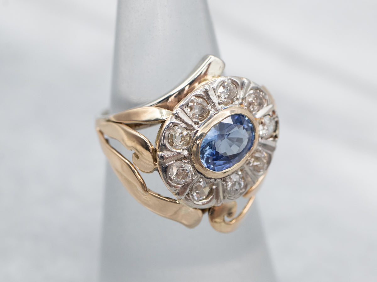 Graceful Two Tone Sapphire and Old Mine Cut Diamond Bypass Ring