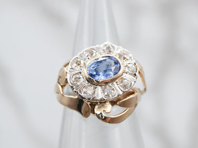 Graceful Two Tone Sapphire and Old Mine Cut Diamond Bypass Ring