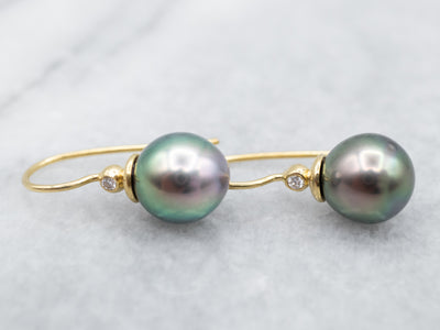 Gorgeous Yellow Gold Gray Pearl and Diamond Drop Earrings