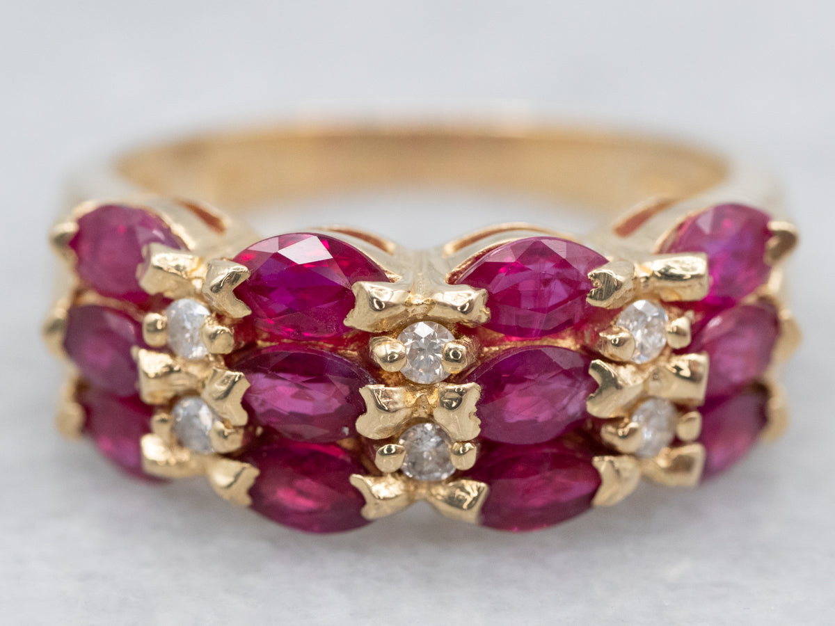 Glittering Yellow Gold Ruby and Diamond Band
