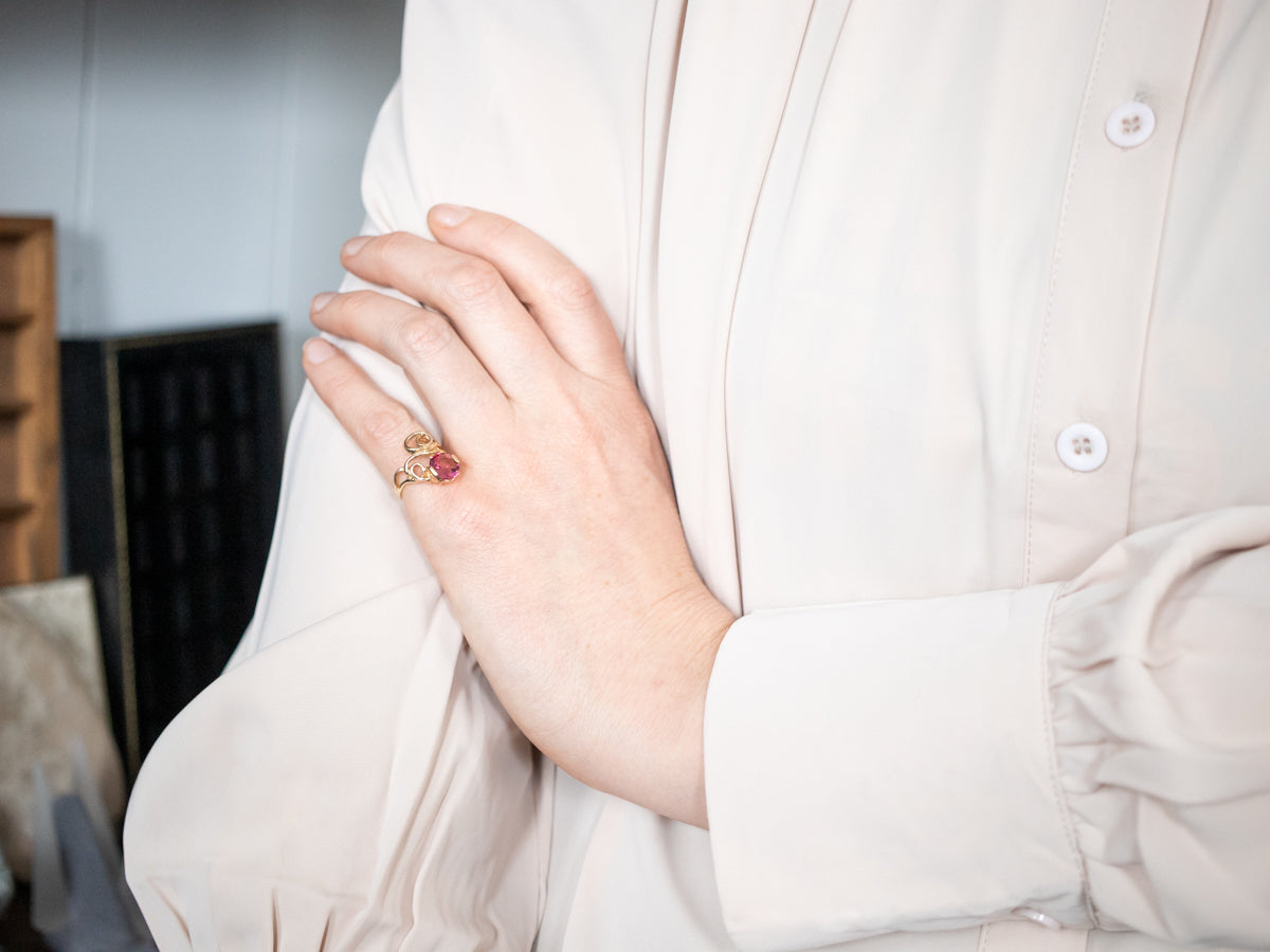 Elegant Yellow Gold Pink Tourmaline Bypass Ring