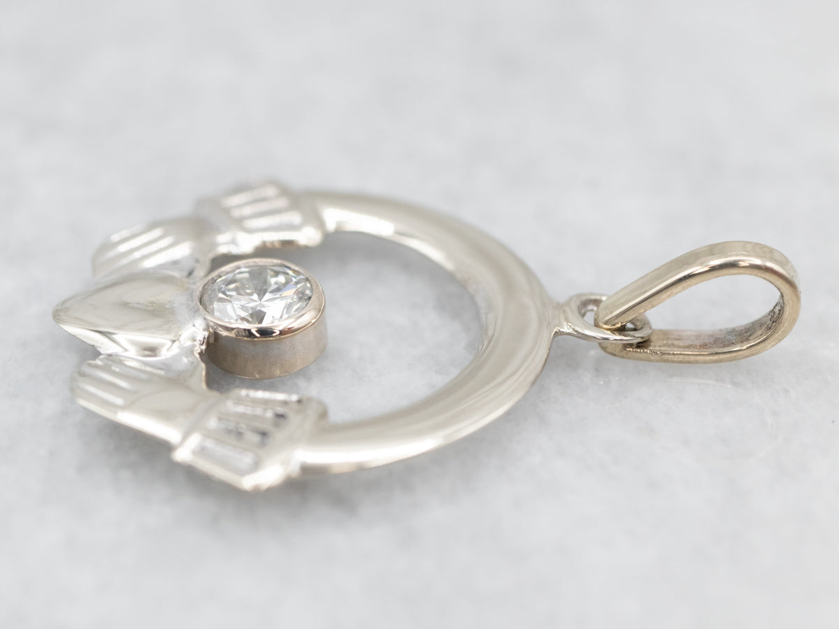 Classic White Gold and Diamond Claddagh Charm or Pendant