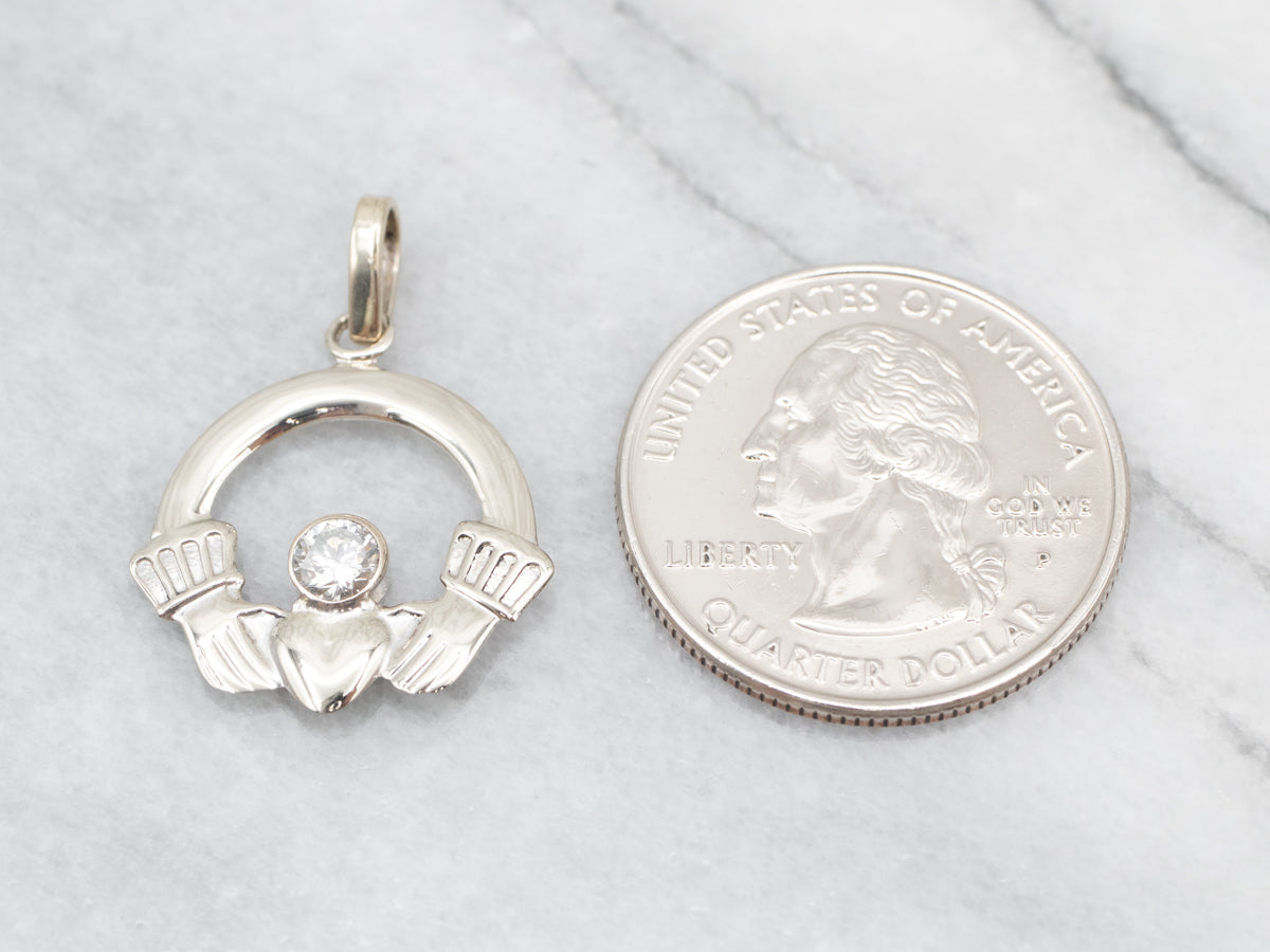 Classic White Gold and Diamond Claddagh Charm or Pendant