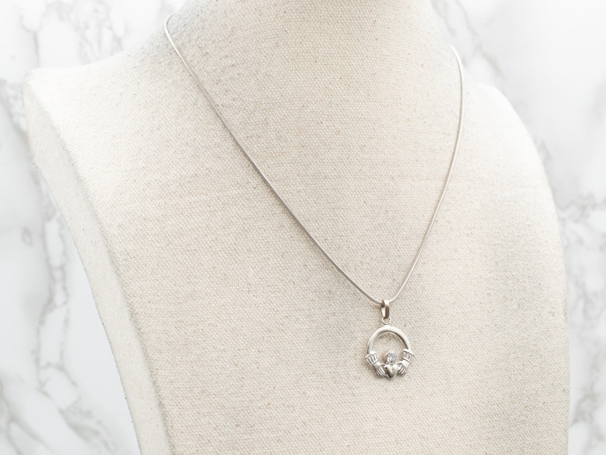Classic White Gold and Diamond Claddagh Charm or Pendant