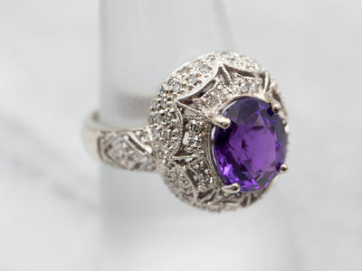 Incredible White Gold Amethyst and Diamond Halo Ring