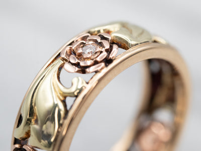 Yellow Gold and Rose Gold Diamond Floral Filigree Band