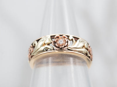 Yellow Gold and Rose Gold Diamond Floral Filigree Band