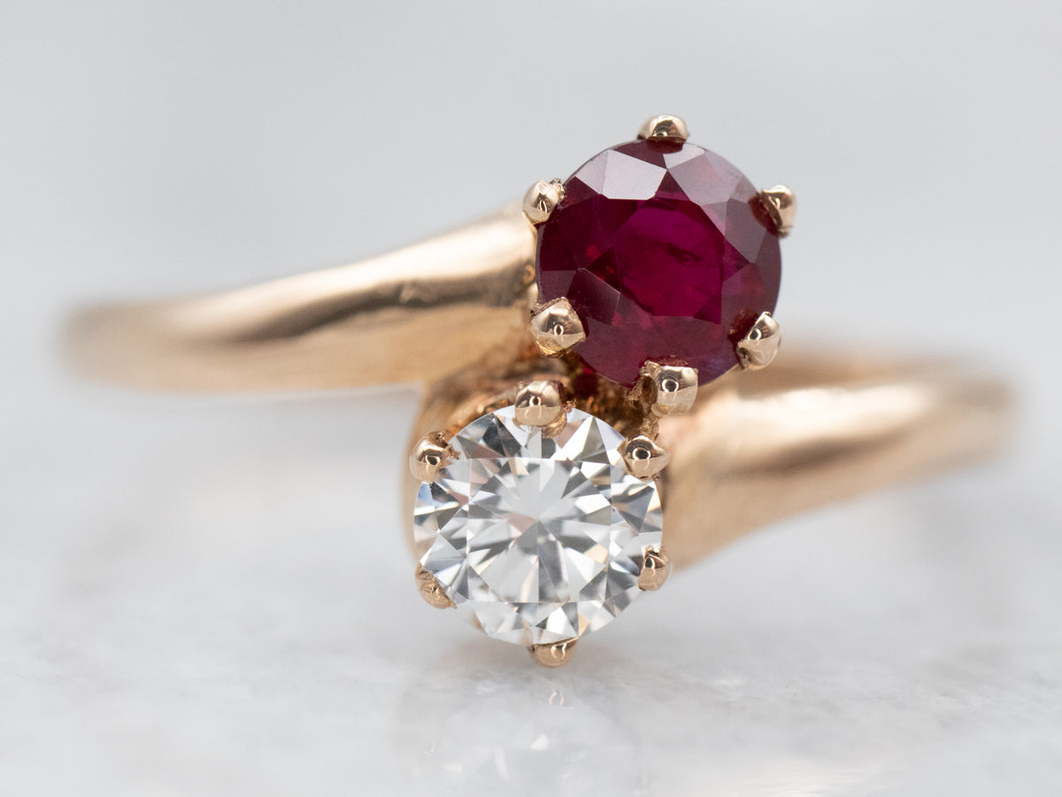 Sweet Yellow Gold Diamond and Ruby Bypass Ring